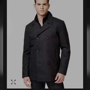 Guess Mens Black Wool  Double Breasted Trench Coat Medium Fit Like New